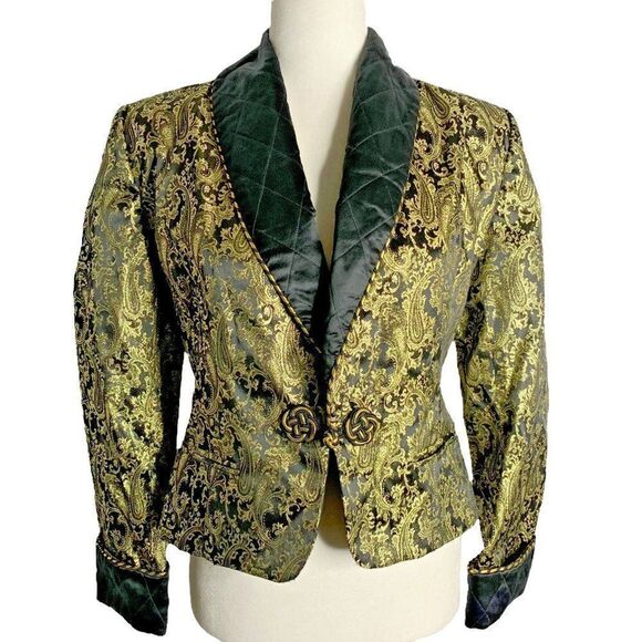 Vintage Jerri Sherman Short Blazer 4 Metallic Paisley Quilted Shawl Frog Button - Picture 1 of 6